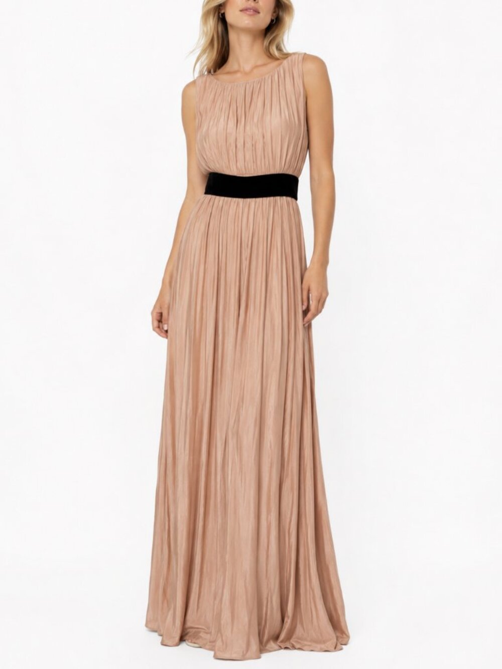 ROPÉ Japan Pleated Blush Maxi Dress Black Velvet Waist Size 38